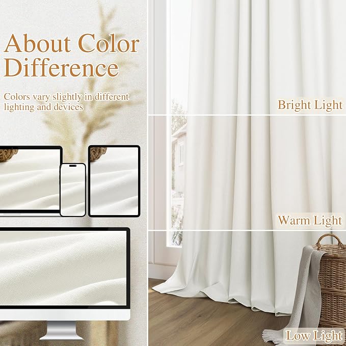 Ivory 100% Blackout Linen Curtains 120 Inch Length 2 Panels Set - Image 7