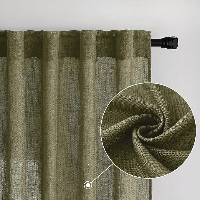 MIULEE Light Olive Green Linen Curtains 52x84 Inch Long 2 Panel - Image 2