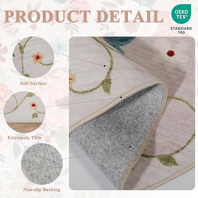 DUKINO 2x5 Runner Rug, Floral Washable Rug - Image 5