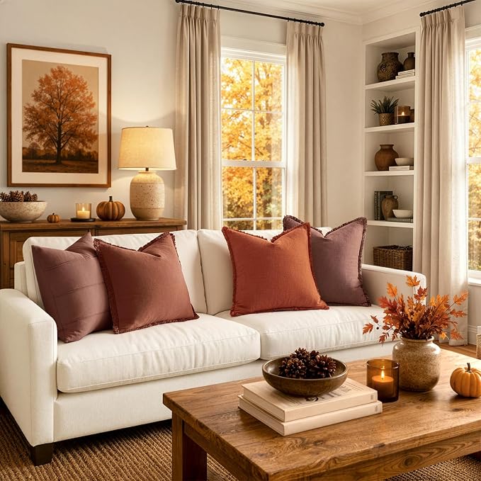 MIULEE Linen Fringe Decorative Fall Throw Pillow Covers Burnt Orange 20x20 | - Image 4