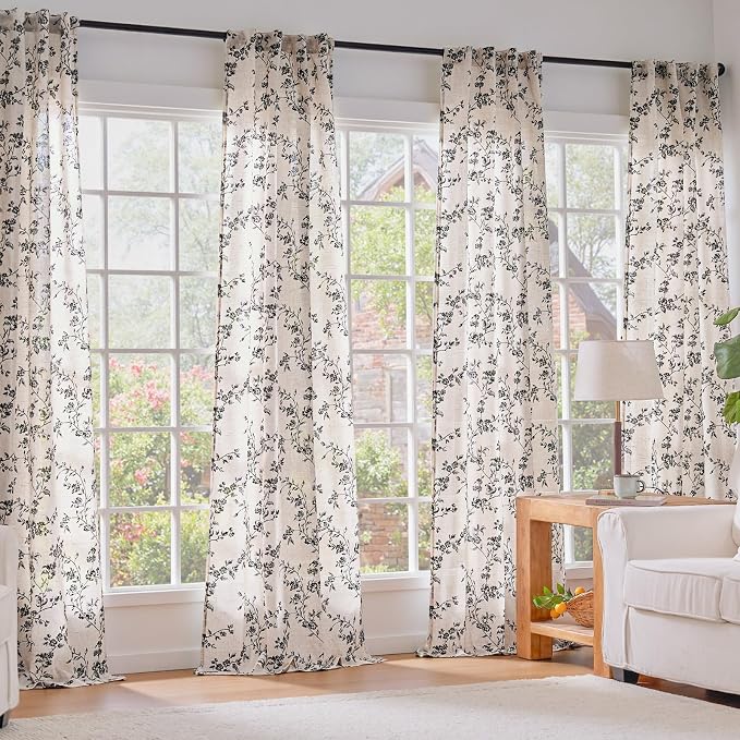 Extra Long Black Vintage Floral Linen Curtains Farmhouse 2 Panels | Elisa Series - Image 6