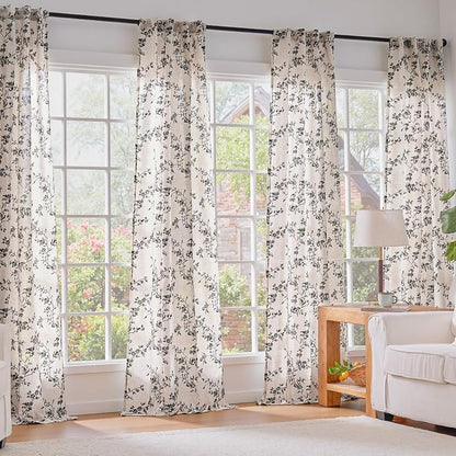 Extra Long Black Vintage Floral Linen Curtains Farmhouse 2 Panels | Elisa Series - Image 6