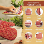 Maison d' Hermine 100% Cotton Oven Mitt & Pot Holder Set (7.5"x13" & 8"x8") Heat Resistant BBQ Cooking Gloves with Loop, Baking, Grilling, Kitchen, Handling Hot Pans (Sofia)