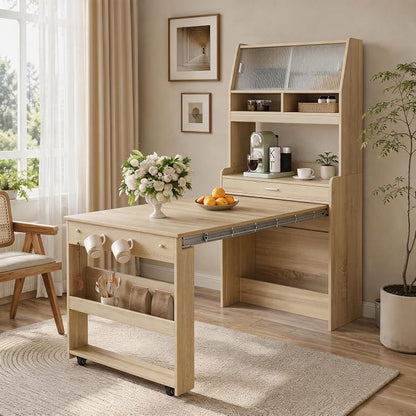 Kitchen Storage Cabinet with Hutch and Extendable Dining Table, 33.5" by Unknown