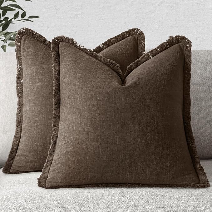 MIULEE Linen Fringe Decorative Fall Pillow Covers Chocolate Brown 18x18 | Set by MIULEE