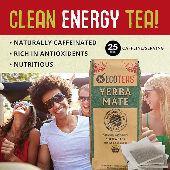ECOTEAS Premium Organic Yerba Mate Tea Bags – Natural Energy & Detox Herbal Tea – Coffee Alternative - Kosher, Non-GMO, Gluten-Free - 100 Unsmoked Bulk Bags, 8.8 oz (Pack of 1)