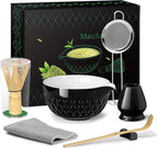 Matcha Whisk Set, 7 Pcs Matcha Kit, Ceramic Matcha Set Includes Matcha Bowl with Spout, Matcha Whisk and Holder, Bamboo Scoop, Scoop Rest, Sifter and Tea Towel (Onyx Black)