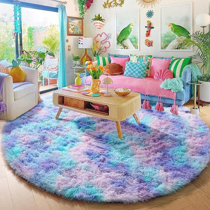 Amdrebio Purple Rainbow Mermaid Shag Round Rug 4Ft - Image 6