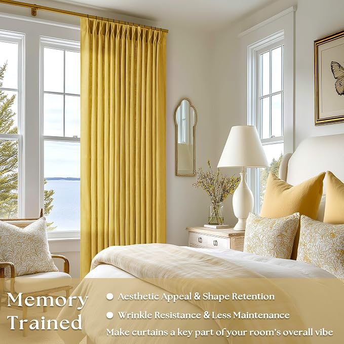 Mustard Yellow 90 Inch Thick Linen Curtains Pinch Pleated 2 Panels Set | - Image 2