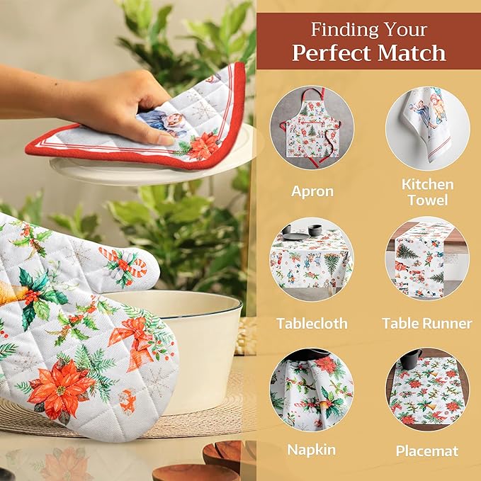 Maison d' Hermine 100% Cotton Oven Mitt & Pot Holder Set (7.5"x13" & 8"x8") Heat Resistant BBQ Cooking Gloves with Loop, Baking, Grilling, Kitchen, Handling Hot Pans (Chromo)