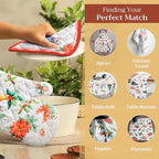 Maison d' Hermine 100% Cotton Oven Mitt & Pot Holder Set (7.5"x13" & 8"x8") Heat Resistant BBQ Cooking Gloves with Loop, Baking, Grilling, Kitchen, Handling Hot Pans (Chromo)