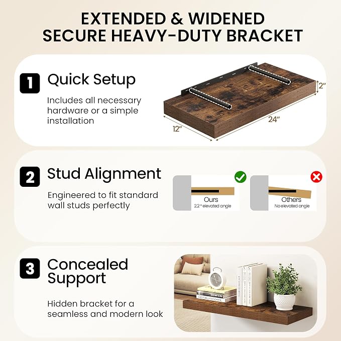 Fun Memories 12 Inch Deep Floating Shelf, 24 x 12 Rustic Wood Wall Shelf - Image 6