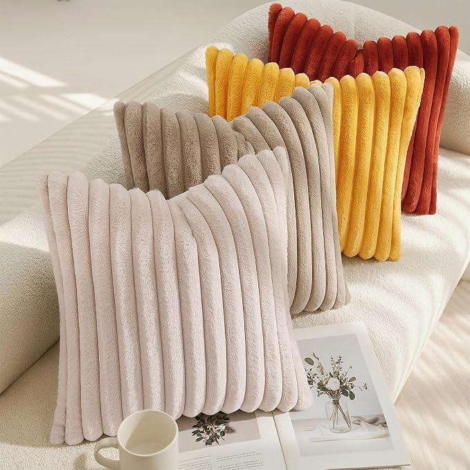 decorUhome Fall Faux Fur Throw Pillow Covers 24x24 Set of 2 Khaki Brown | - Image 7