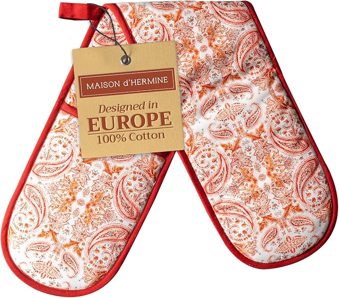 Maison d' Hermine Double Oven Mitts 100% Cotton 7"x35" Double Oven Mitt Heat Resistant BBQ Cooking Gloves with Loop, Baking, Grilling, Home, Kitchen, Handling Hot Pans (Orient)