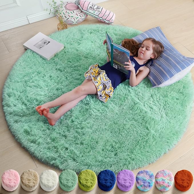 Amdrebio Sage Green Shag Round Circle Area Rug 6Ft by Amdrebio