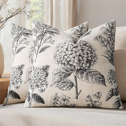Set of 2 Decorative Floral Pillow Covers 18x18 Inch Black | Neutral Hydrangea by SWANCOCO