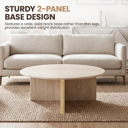 HNY Modern Round Coffee Table Marble Veneer Wood Center Table 31.5" Faux - Image 4
