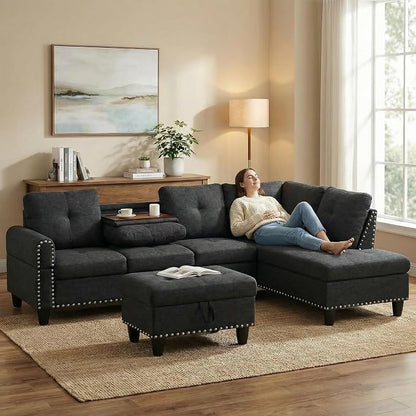 97.5" L Shaped Couch Set Linen, Modular Sectional Couches - Image 7