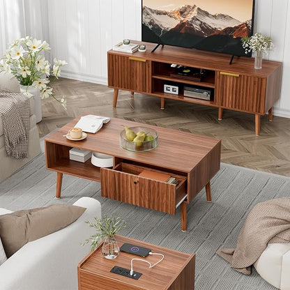 LCRBOL Coffee Table with Storage, Mid Century Dining Table with Fluted Drawer - Image 4