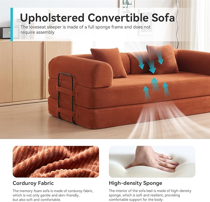 Convertible Sleeper Sofa with 2 Pillow, Modern Corduroy Futon Bed, Modular Sofa - Image 6