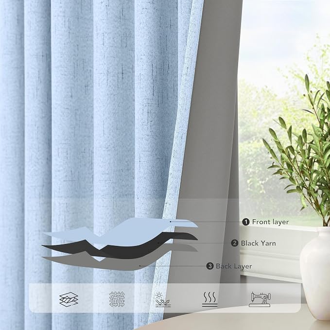 Total Blackout Baby Blue Linen Curtains 108 Inches Long 2 Panel Set Light Blue - Image 5