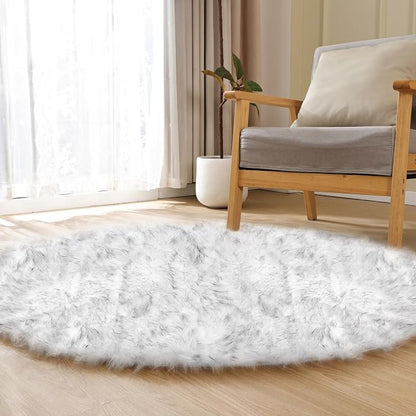 ORINOVA White and Grey Round Rugs 6ft Circle Furry Rug - Image 3