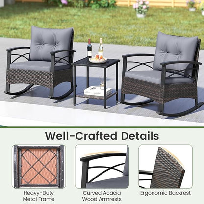 Tangkula 3 Pieces Outdoor Rocking Chairs Set, Rattan Heavy Duty Cushioned - Image 8