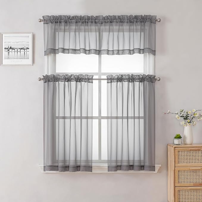 Charcoal Grey Sheer Valances for Windows 18 Inch Length 2 Pcs, Cafe Kitchen - Image 7