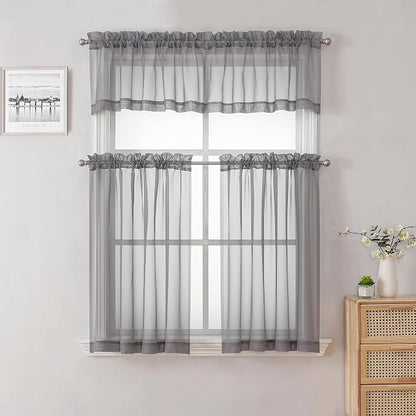 Charcoal Grey Sheer Curtains 14 Inch Length 2 Panels Set, Light Reducing Short - Image 2