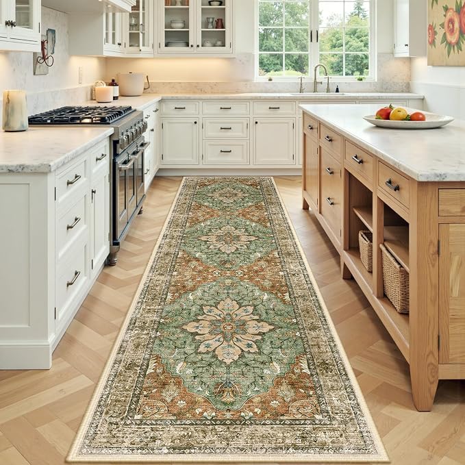 RELEANY Washable Area Rug, Runner 3'x9', Brick/Brown/Green | Non-Slip, Water by RELEANY
