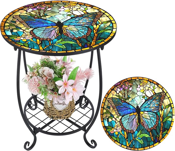Cinnvoice Outdoor Side Table Round Small Mosaic Patio Accent Indoor End Plant by Cinnvoice