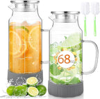 Honeydak 2 Pack Glass Pitcher with Lid, 68 oz 2 Liter Water Pitcher with Silicone Base, Spout and Handle Large Ice Tea Carafe for Fridge, Anti-slip Glass Water Jug for Drinks Tea Coffee Milk Beverage