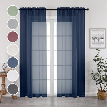 Navy Blue Sheer Curtains 96 Inches Long 2 Panels Set, Elegant Sheer Curtains by OWENIE