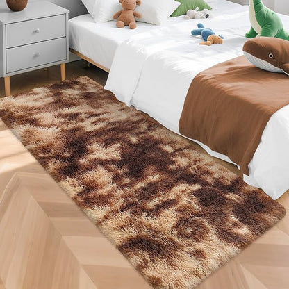 Super Soft Fluffy Living Room Area Rug 2x5 ft Tie-Dyed Brown Shaggy Furry by JiaoBaba