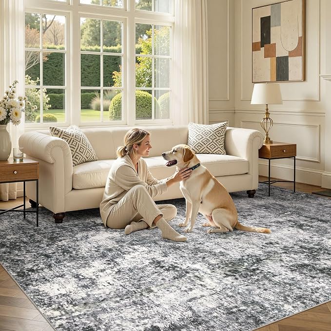 DMOYEST Area Rug Living Room Rugs 10x12 Washable Abstract Grey Carpet | Neutral - Image 5