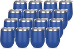 DOMICARE Stainless Steel Wine Tumbler Bulk with Lid, Personalized Insulated Tumblers Set, 12oz Travel Coffee Cups Pack of 16, Dark Blue