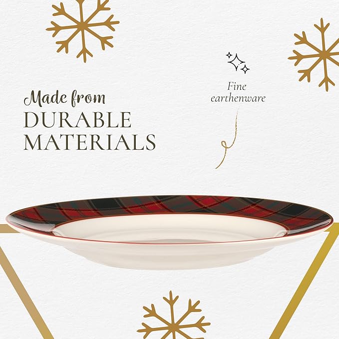 Spode Christmas Tree Tartan Dinner Plate, 10.5-Inch Festive Holiday Tableware, Colorful Christmas Dishes with Tartan Plaid Border, Fine Earthenware, Microwave & Dishwasher Safe Decorative Plate