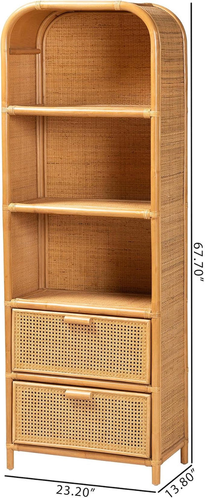 Bali & pari Curacao Modern Bohemian Light Honey Rattan 2-Drawer Bookcase - Image 3