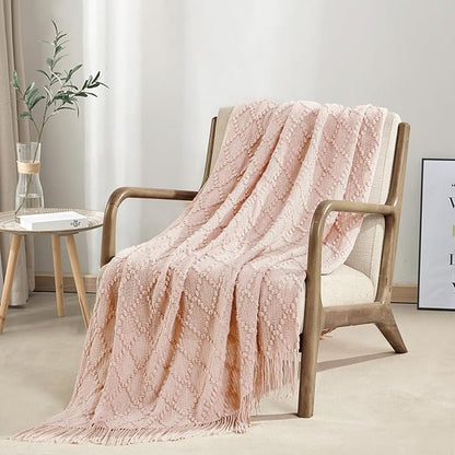 BOURINA Pink Throw Blanket 50 x70 Inches Jacquard Argyle Throw Textured Solid - Image 2
