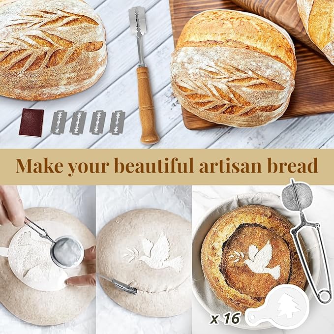 10 Inch Oval Banneton Bread Proofing Basket Sourdough Starter Kit, Sourdough Bread Baking Supplies with Bread Lame, Sling, Spatula, Scraper, Dough Whisk