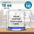 Custom Libbey Clear Glass Coffee Mugs 13 oz. Set of 10, Personalized Bulk Pack - Perfect for Coffee, Tea, Espresso, Hot Cocoa, Other Beverages - Blue Bottom
