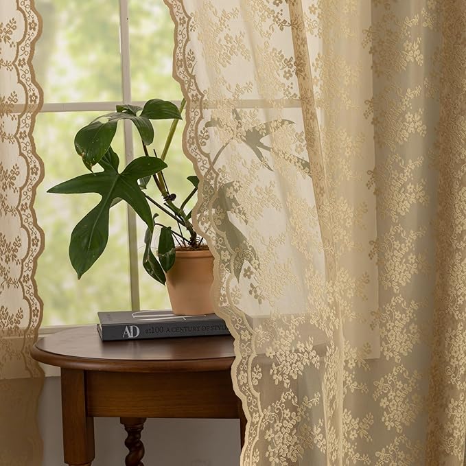 YJ YANJUN Vintage Lace Curtains 96 Inches Long-Victorian Floral Pattern Tan - Image 5