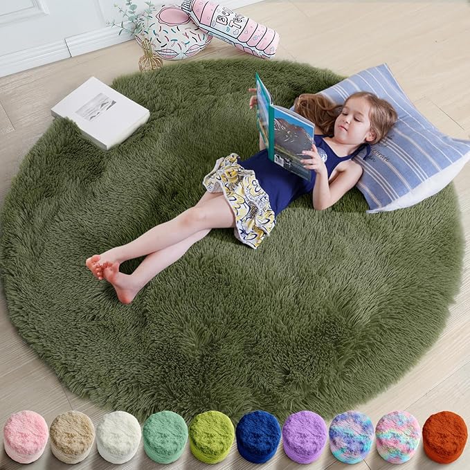 Amdrebio Olive Green Round Shag Area Rug 4Ft by Amdrebio