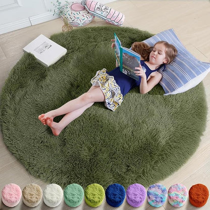 Amdrebio Olive Green Round Shag Area Rug 4Ft by Amdrebio