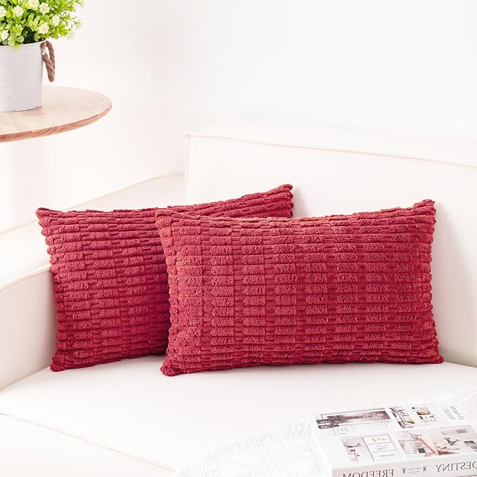 Pack of 2 Corduroy Decorative Throw Pillow Covers 12x20 Inch, Cranberry Red | by Unknown