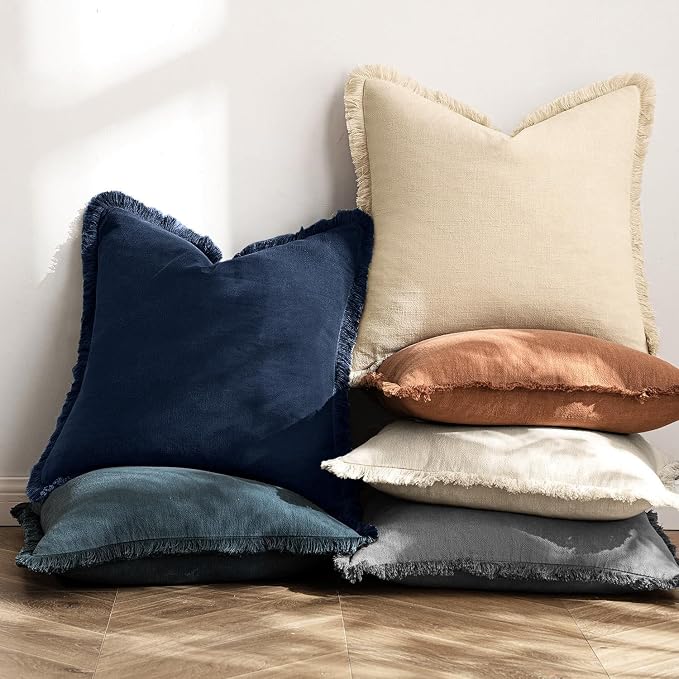 MIULEE Linen Fringe Decorative Lumbar Throw Pillow Covers Dark Navy 12x20 | Set - Image 4