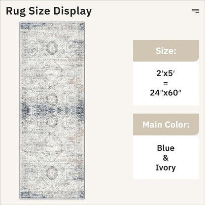 Soalmost Runner Rug 2x5 Washable Non-Slip Kitchen Entry Runners Blue/Ivory | - Image 5