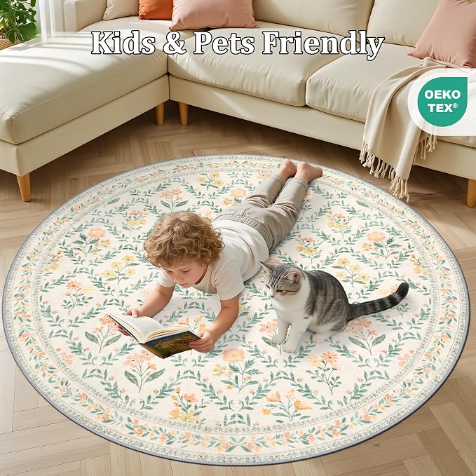 PLHXFR Round Area Rug Living Room: 6 ft Floral Washable Carpet Beige Multi | - Image 8