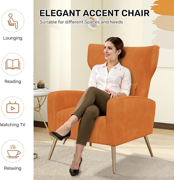Nebuaegis Orange Velvet Accent Chair Set of 4, Wingback Chair - Image 6