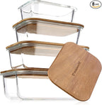Glass Tupperware Set with Acacia Lids - 4 Stackable Meal Prep Containers. Durable heat resistant Inert Borosilicate Glass